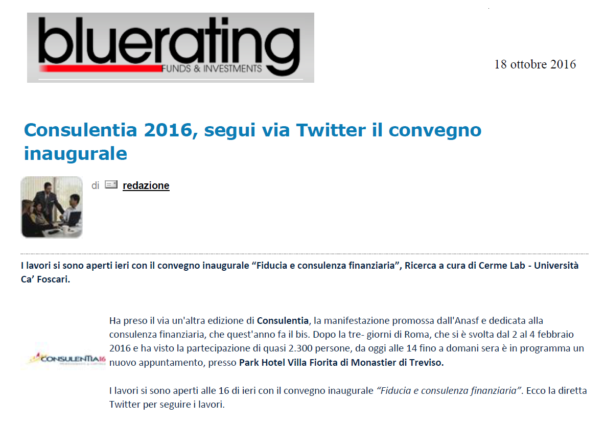 articolo su Consulentia2016 Treviso su Bluerating